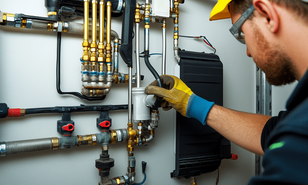 Plumber working on pipework and valves in a Leeds home