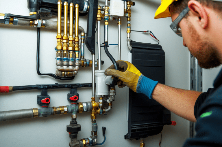 Heating engineer working on central heating pipework and valves