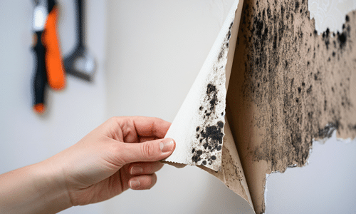Damp and mould on a wall being stripped back in a Leeds property
